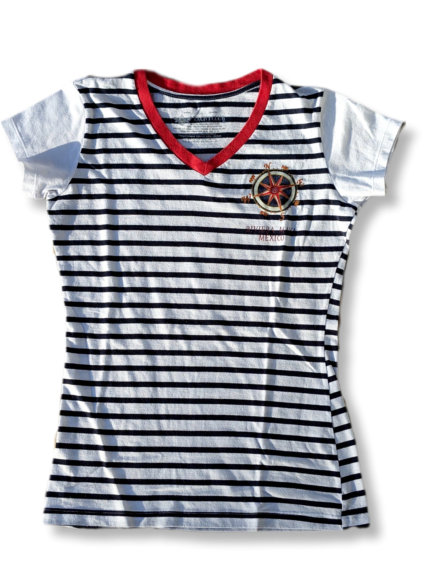 T-shirt à manches courtes & col en V de style marin avec rayures noires & blanches | LARGE