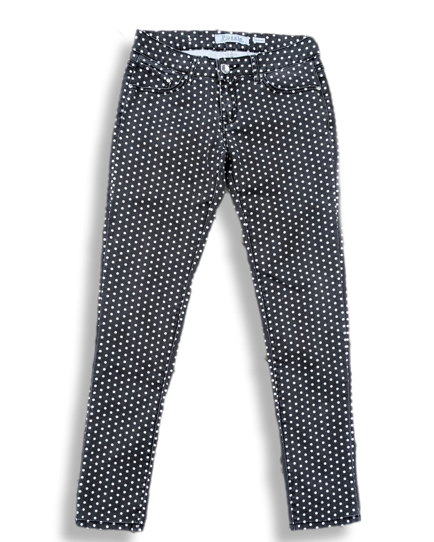 Pantalons noirs style jeans skinny à petits pois blancs, coupe ajustée | Puzzleclassic jeans | 03