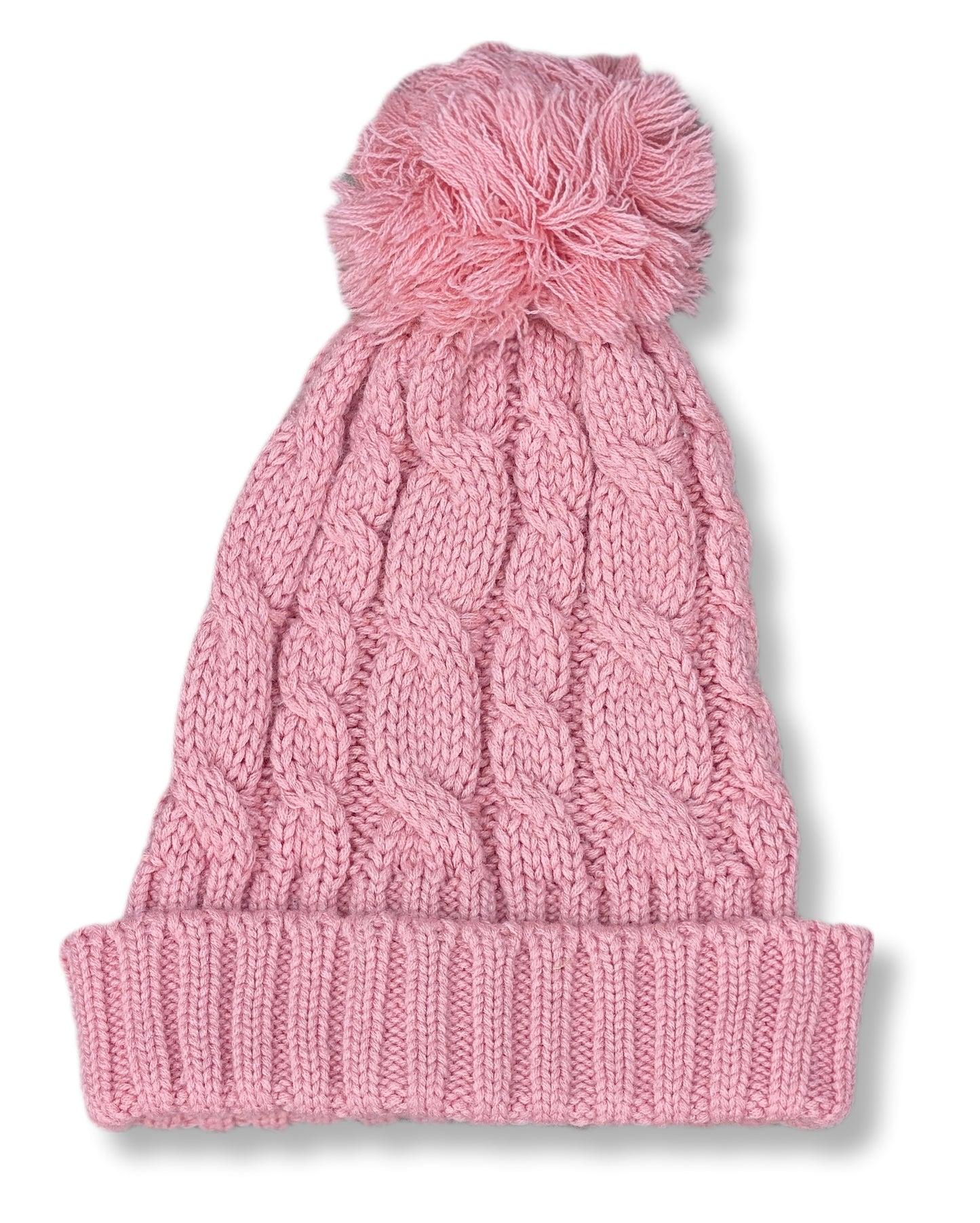Tuque en tricot côtelé rose pâle avec gros pompon | T/U