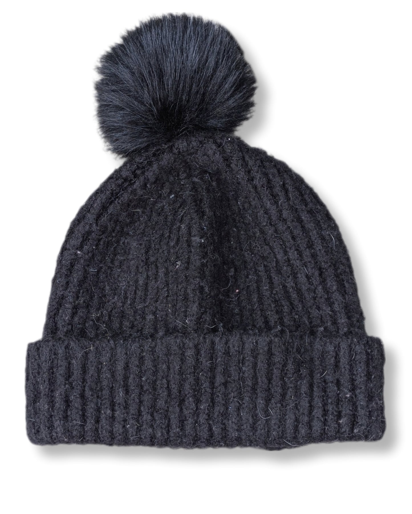 Tuque en tricot noir côtelé avec pompon en fausse fourrure | Kstudio | T/U