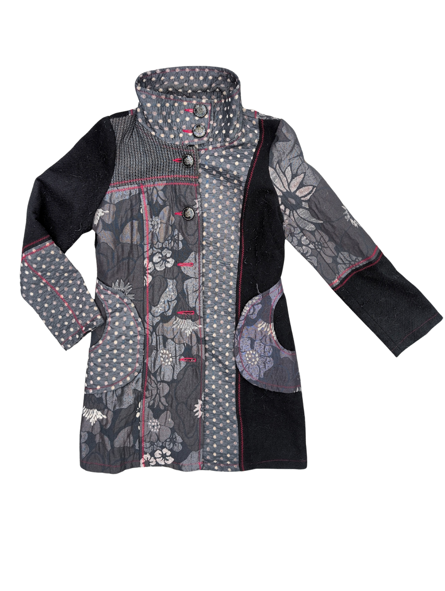 Manteau original à col montant avec motifs patchworks & floral | Neslay Paris | MÉDIUM