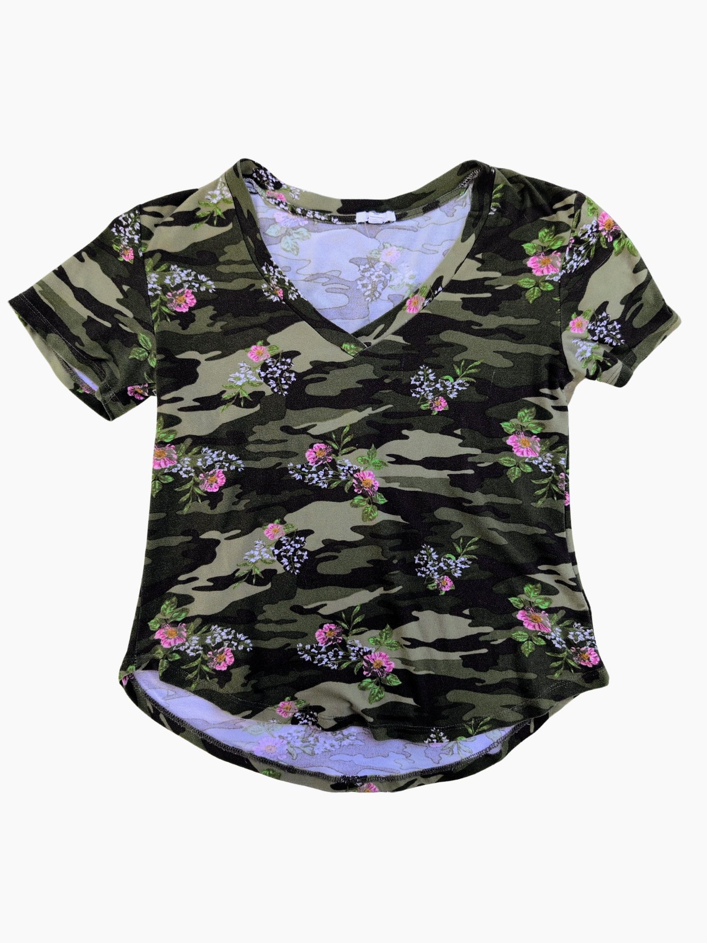 T-shirt doux à manches courtes avec col en V avec imprimé camouflage et floral | Ardène | SMALL