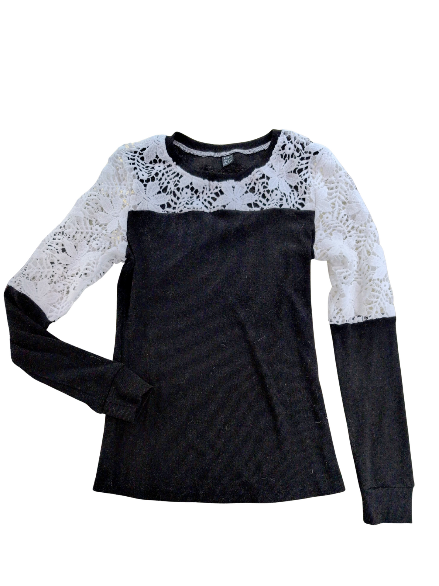 Chandail noir à manches longues avec pièce contrastante en dentelle | Shein | SMALL