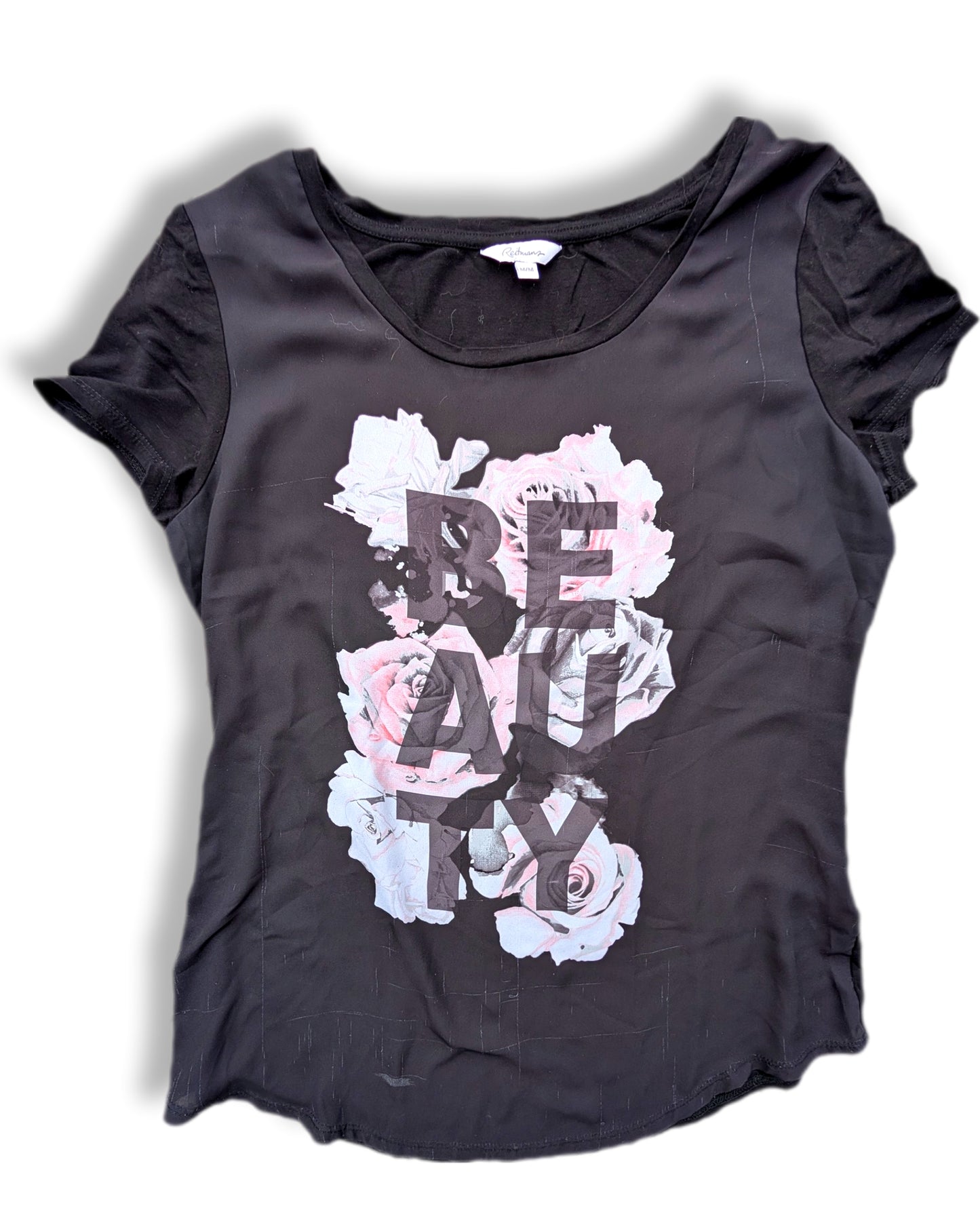 T-shirt élégant "Beauty" noir et imprimé de roses rose | Reitmans | MÉDIUM