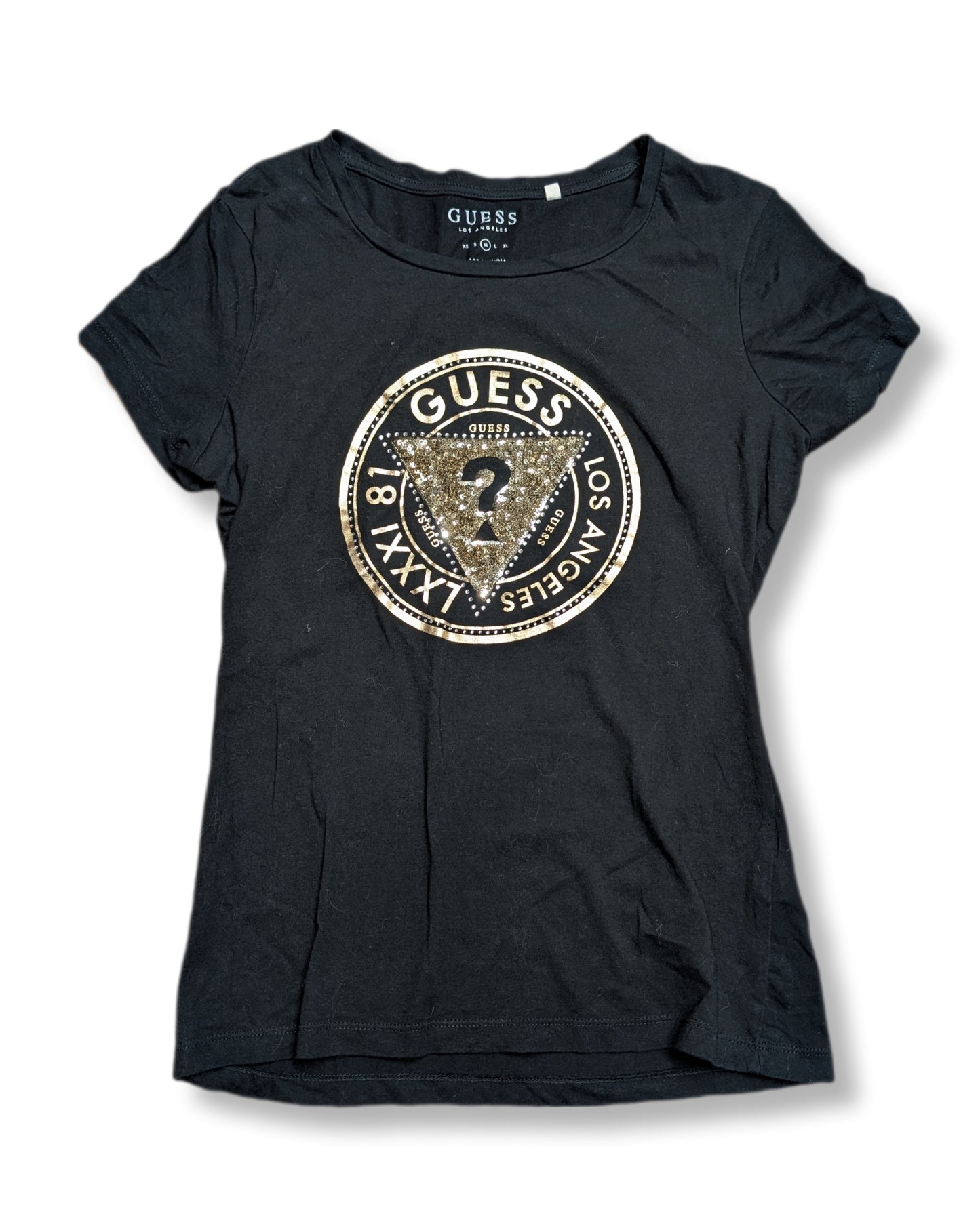 T-shirt noir à manches courtes & col rond avec logo en paillettes dorées | GUESSjeans | MÉDIUM