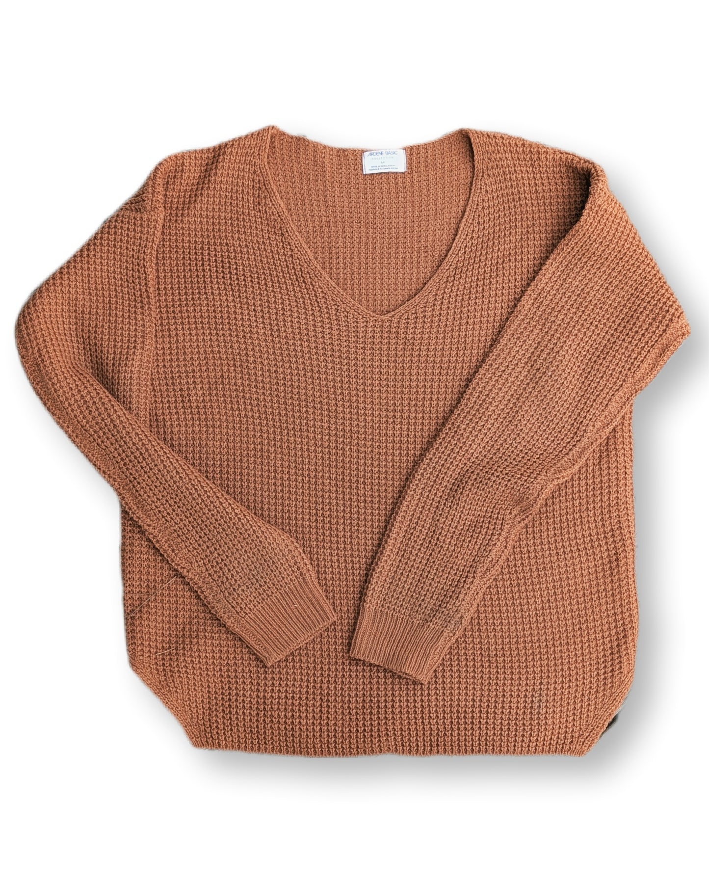 Chandail en tricot côtelé avec col en V couleur terre | Ardène | SMALL