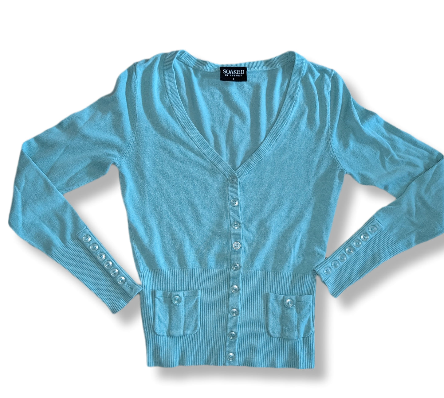 Cardigan turquoise en tricot fin avec encolure en V | SMALL