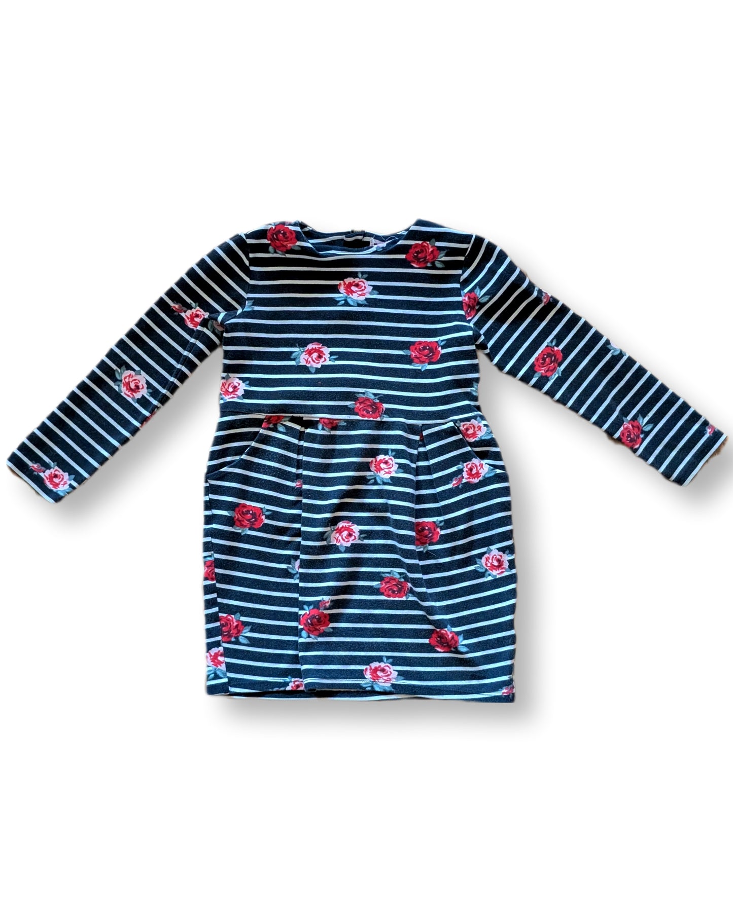 Robe manches longues motif de roses & rayures | 5-6 ans