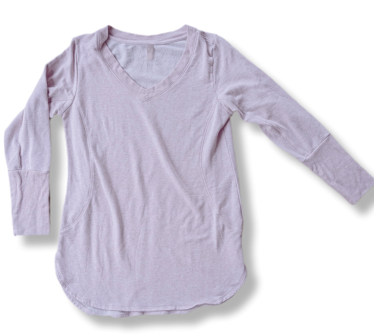 Chandail molletonné long, rose pâle avec encolure en V | SMALL