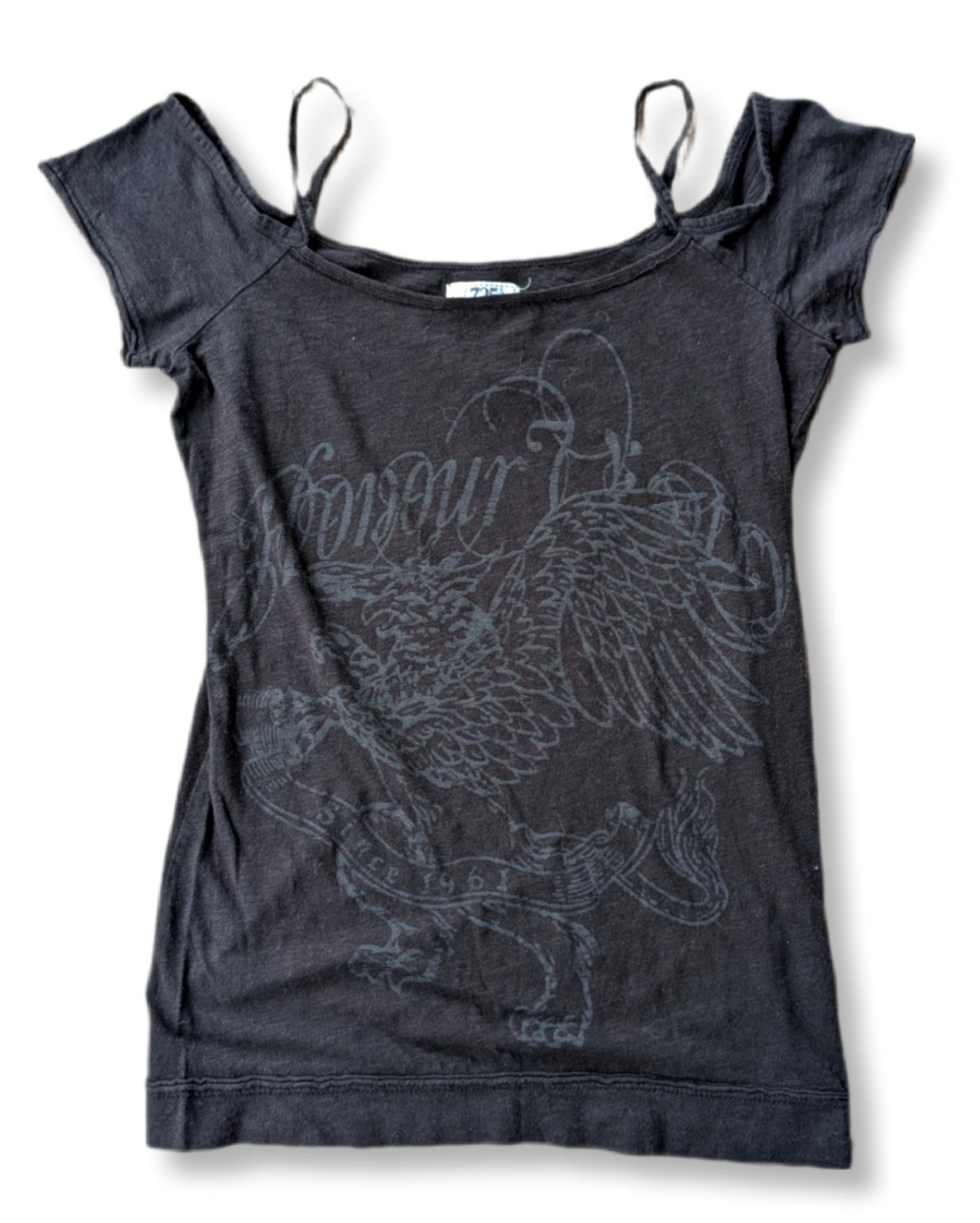 T-shirt noir imprimé d'aigle à épaules dénudées & bretelles fines visibles | MÉDIUM