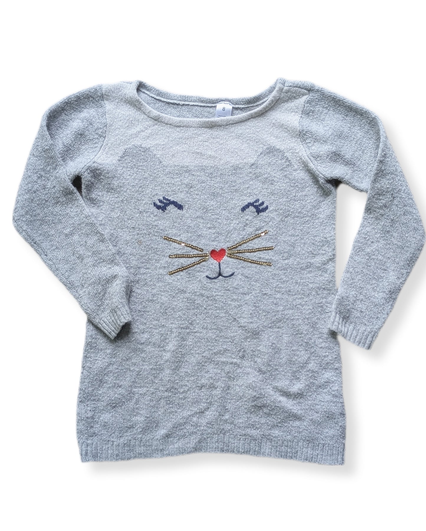 Chandail gris chiné avec motif chaton aux moustaches dorées | CARTER'S | 7-8 ans