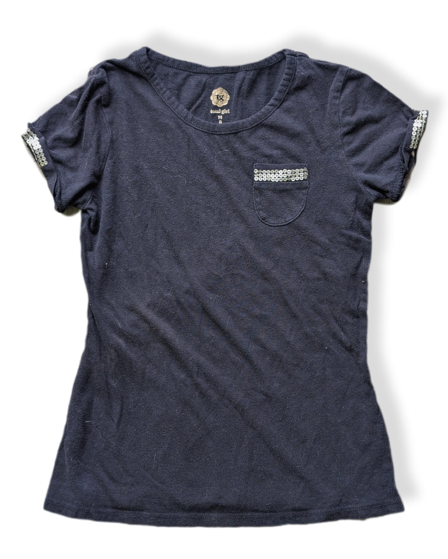 T-shirt avec poche poitrine et revers de manches à paillettes argentées | 8 ans