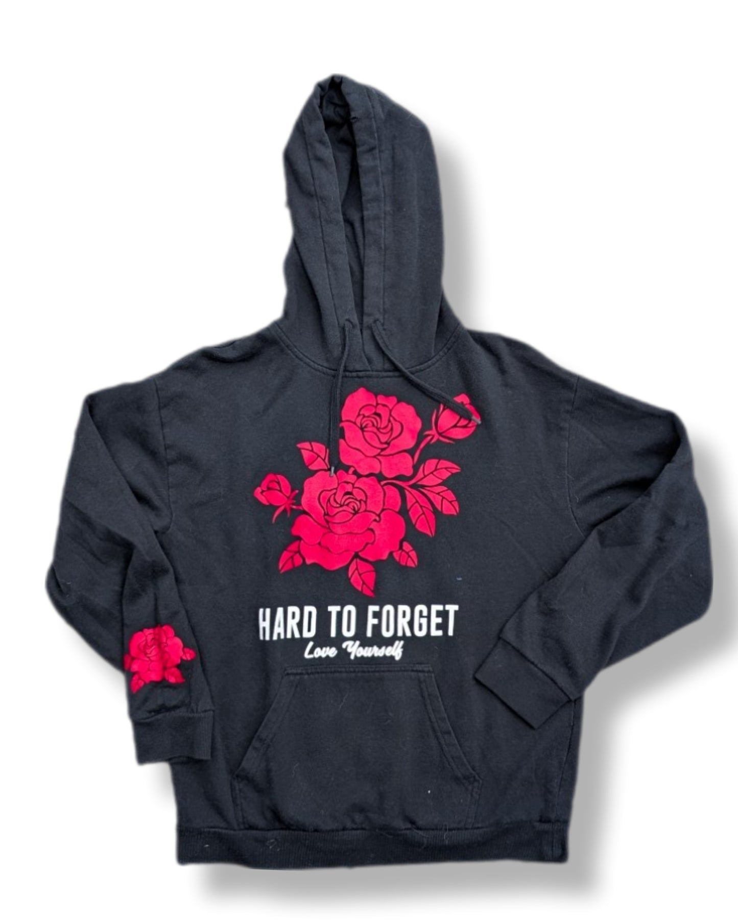 Chandail noir à capuchon avec roses imprimé devant & derrière | Amnesia | MÉDIUM