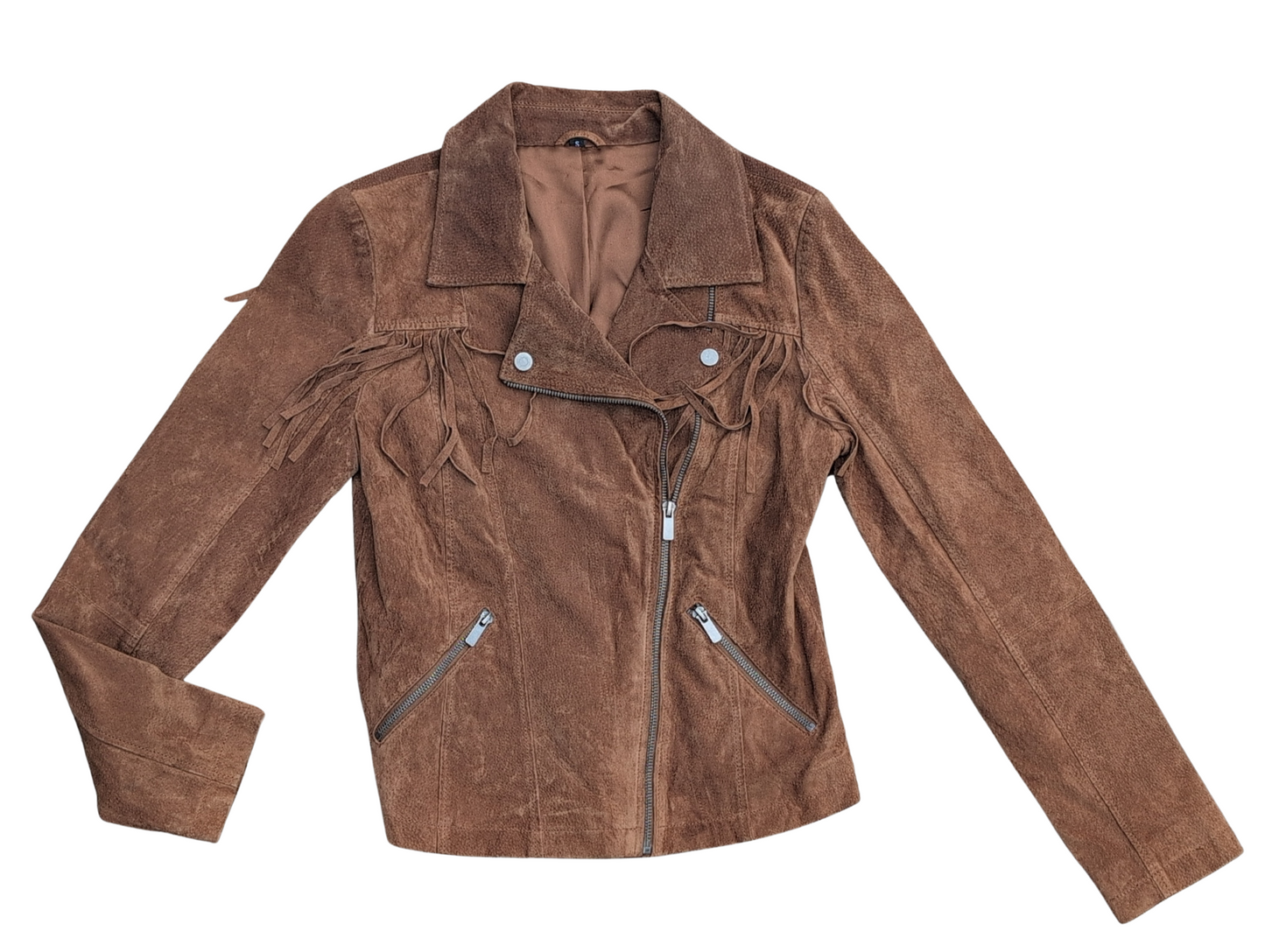 Blouson en faux suède avec franges sur les épaules & coupe Biker | SMALL