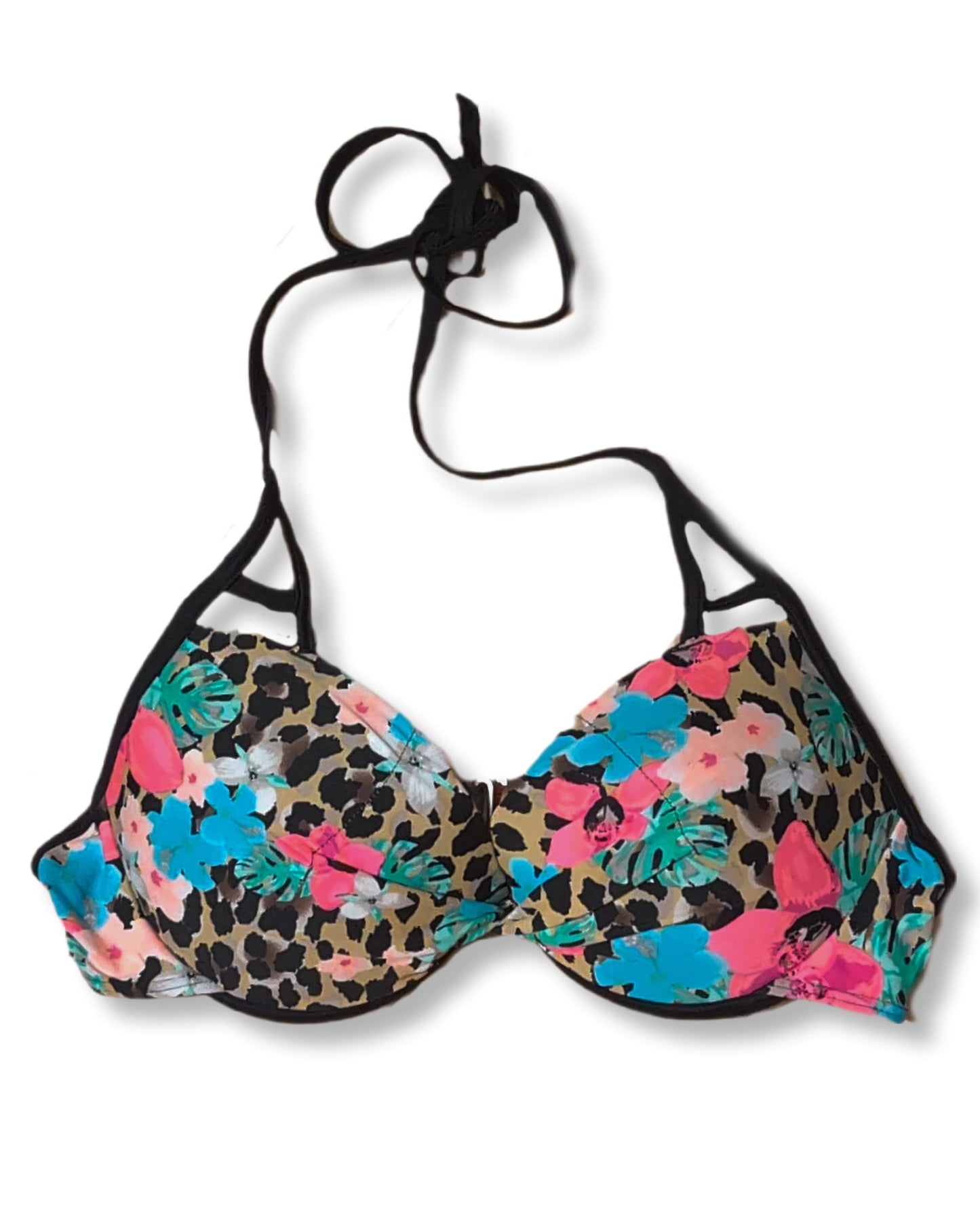 Haut de bikini "push-up" licou à imprimé léopard et fleurs tropicales - L