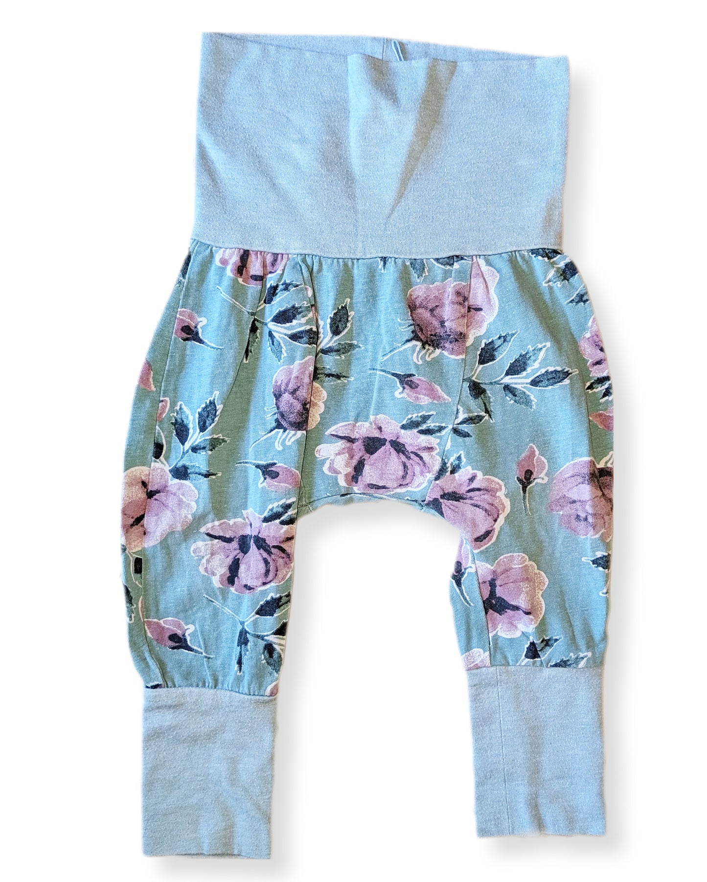 Pantalons évolutifs turquoise à motifs de roses | TAG | 12-24 mois
