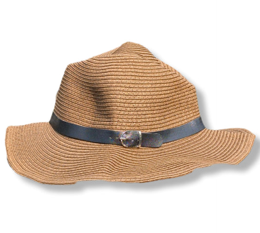 Chapeau de soleil en paille tressée avec bande en cuir et boucle | T/U