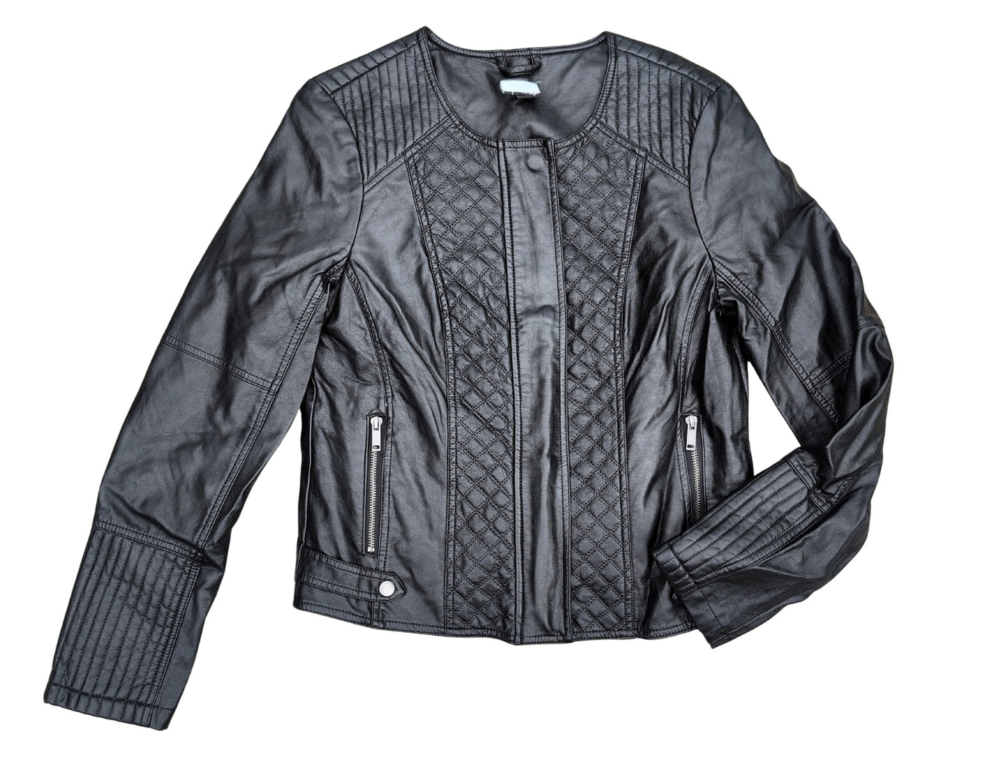 Veste en similicuir style motard avec col rond & boutons pression | Blustop | MÉDIUM