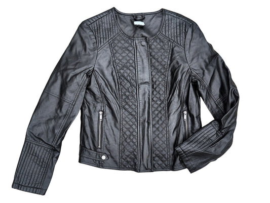 Veste en similicuir style motard avec col rond & boutons pression | Blustop | MÉDIUM