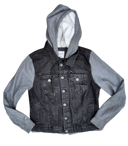 Blouson en jeans noirs délavé avec capuchon & effet 2 en 1 | Ardène | X-LARGE