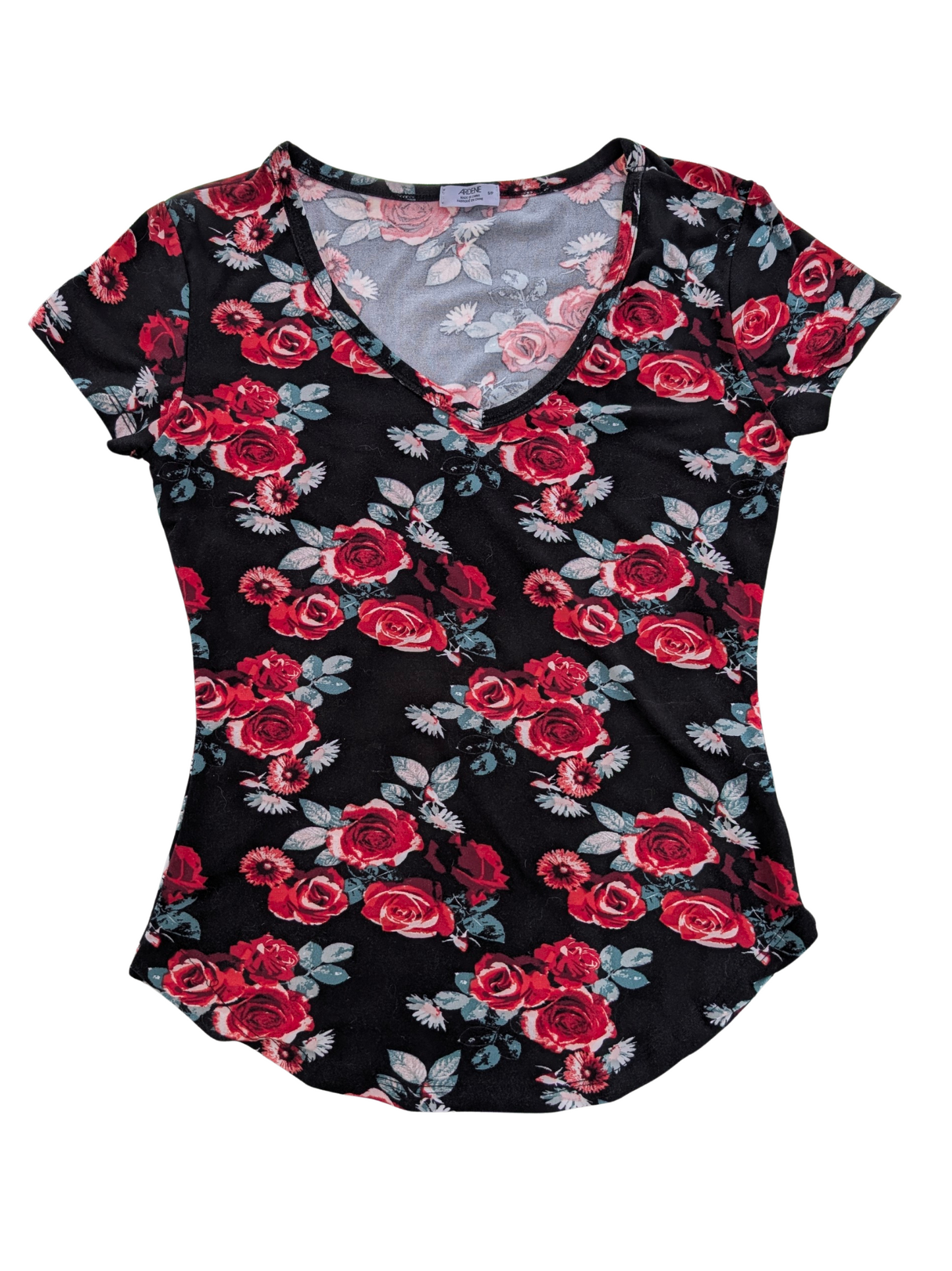 T-shirt doux à manches courtes avec imprimé de roses & col en V | Ardène | SMALL