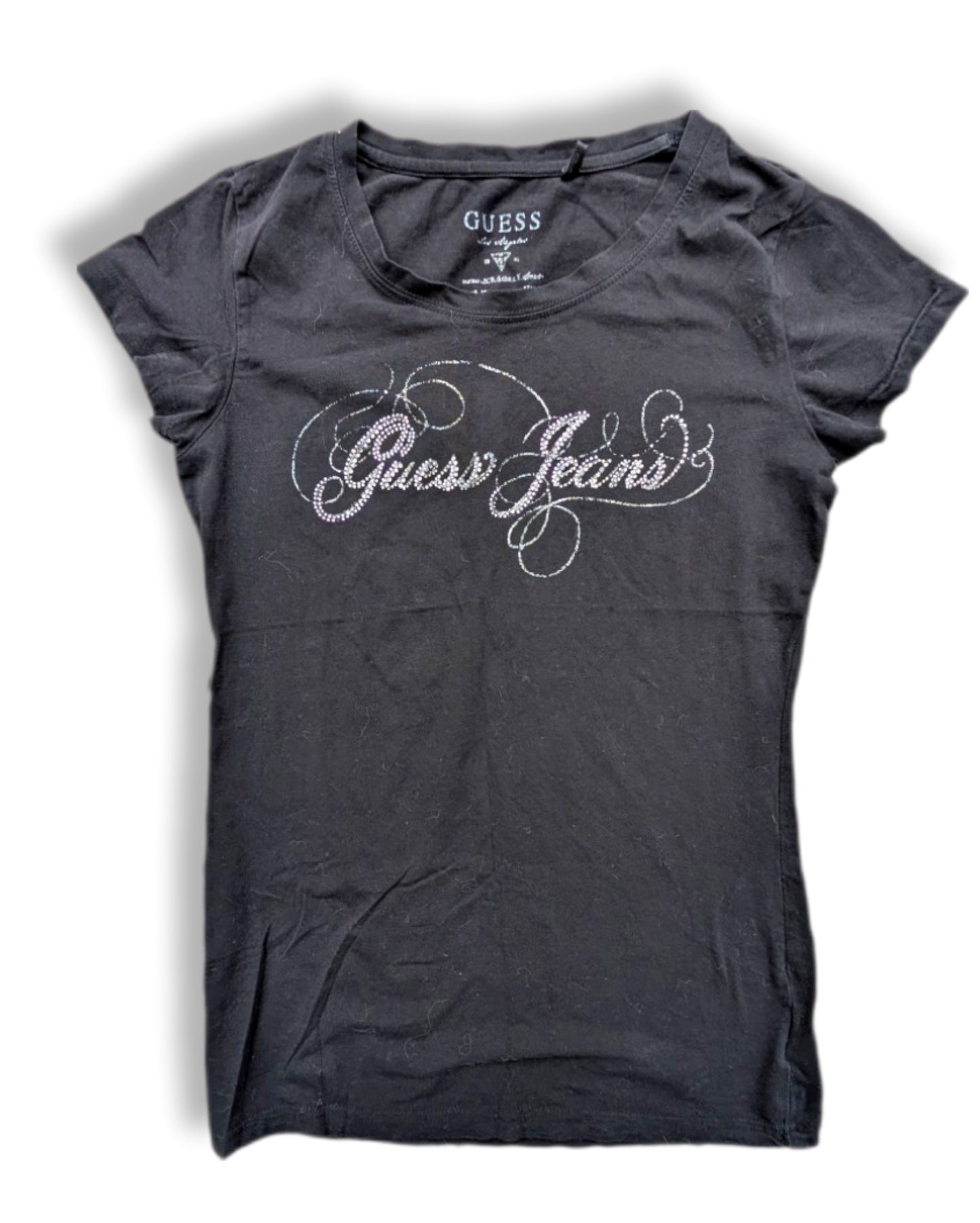 T-shirt noir à manches courtes à col rond avec logo brillant | GUESSjeans | MÉDIUM