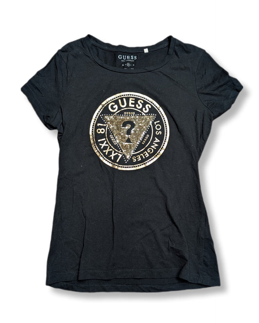 T-shirt noir à manches courtes & col rond avec logo en paillettes dorées | GUESSjeans | MÉDIUM