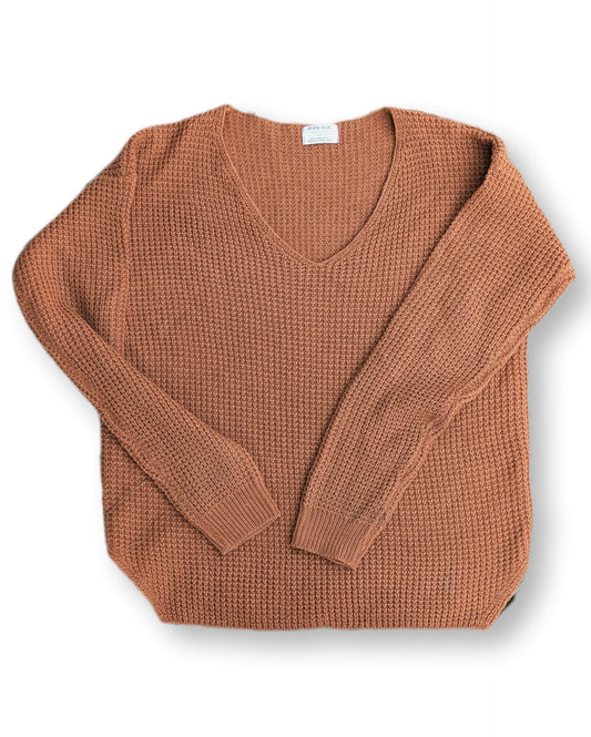 Chandail en tricot côtelé avec col en V couleur terre | Ardène | SMALL