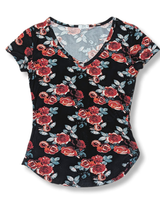 T-shirt doux avec motifs de roses et col en V | ARDÈNE | SMALL
