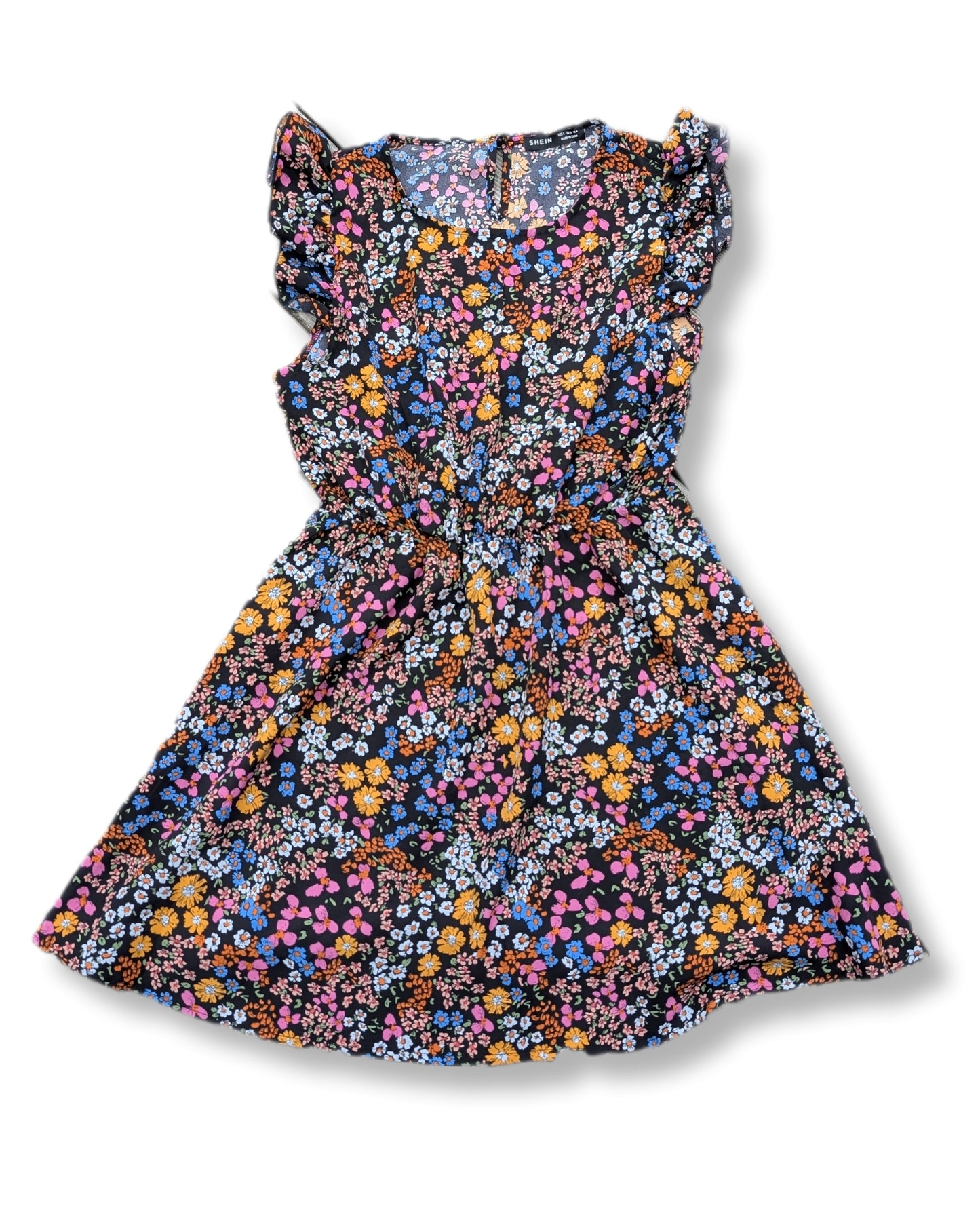 (Ado) Robe noire à petites fleurs multicolores & manches courtes  à volants | SHEIN | 16 ans