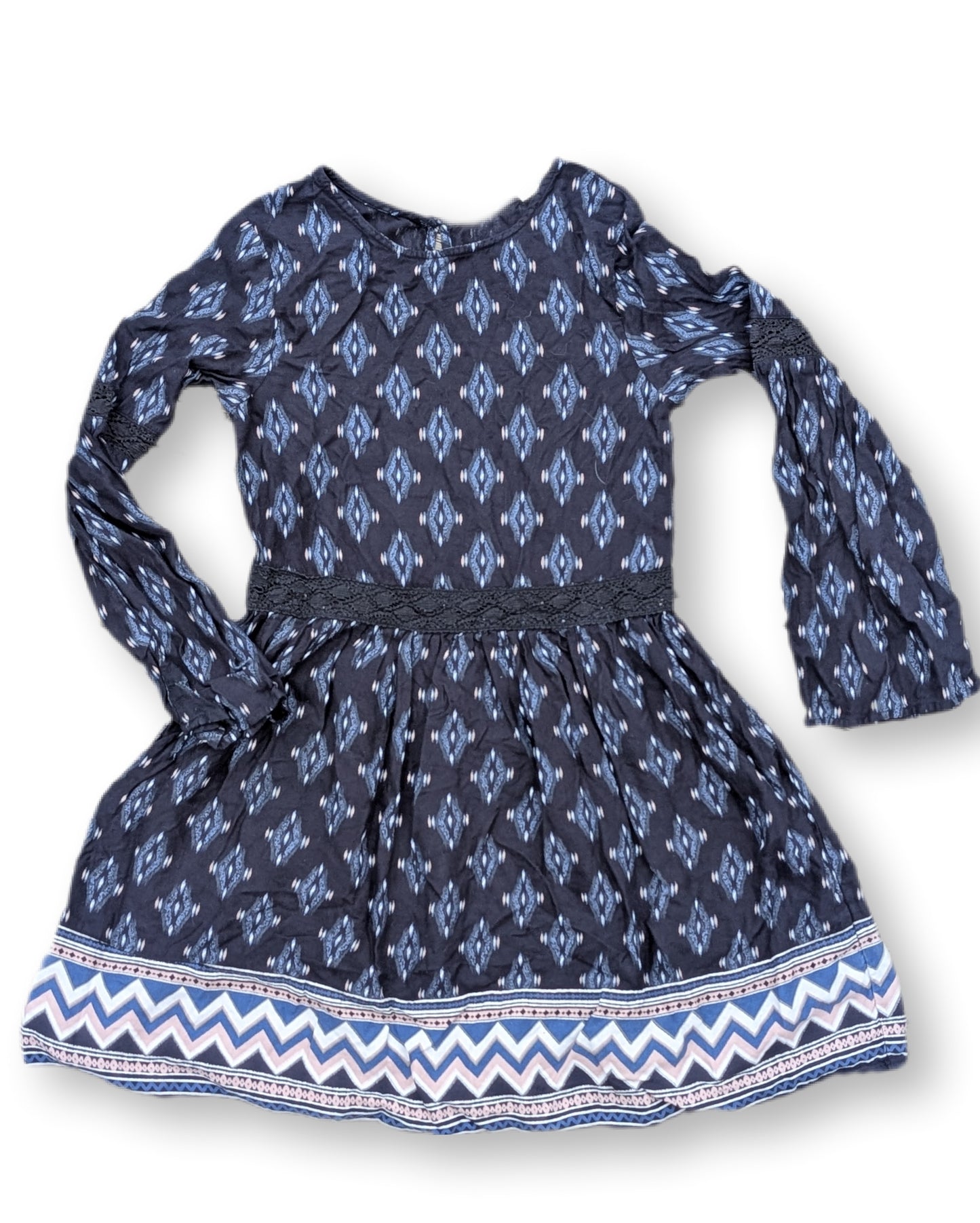 Robe manches longues à imprimé géométrique avec broderie/dentelle à la taille | H&M | 8-9 ans