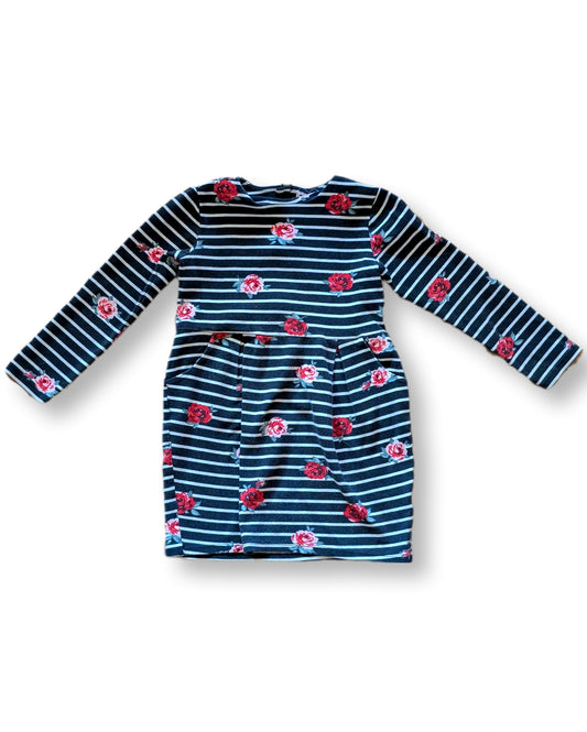 Robe manches longues motif de roses & rayures | 5-6 ans