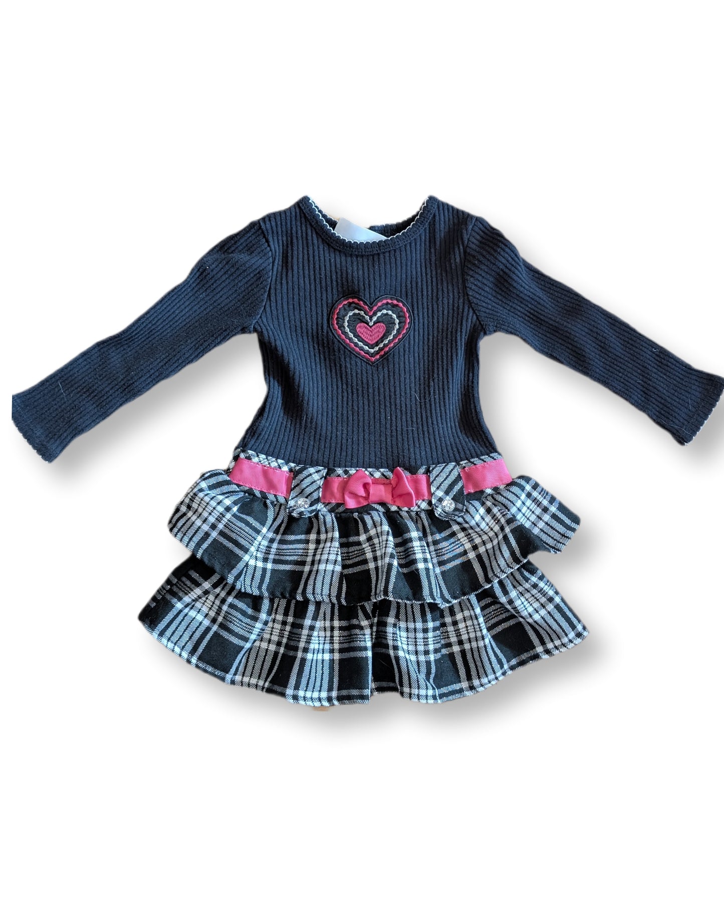 Robe haut noir à manches longues avec cœur brodé & jupe à carreaux à volants | 18-24 mois