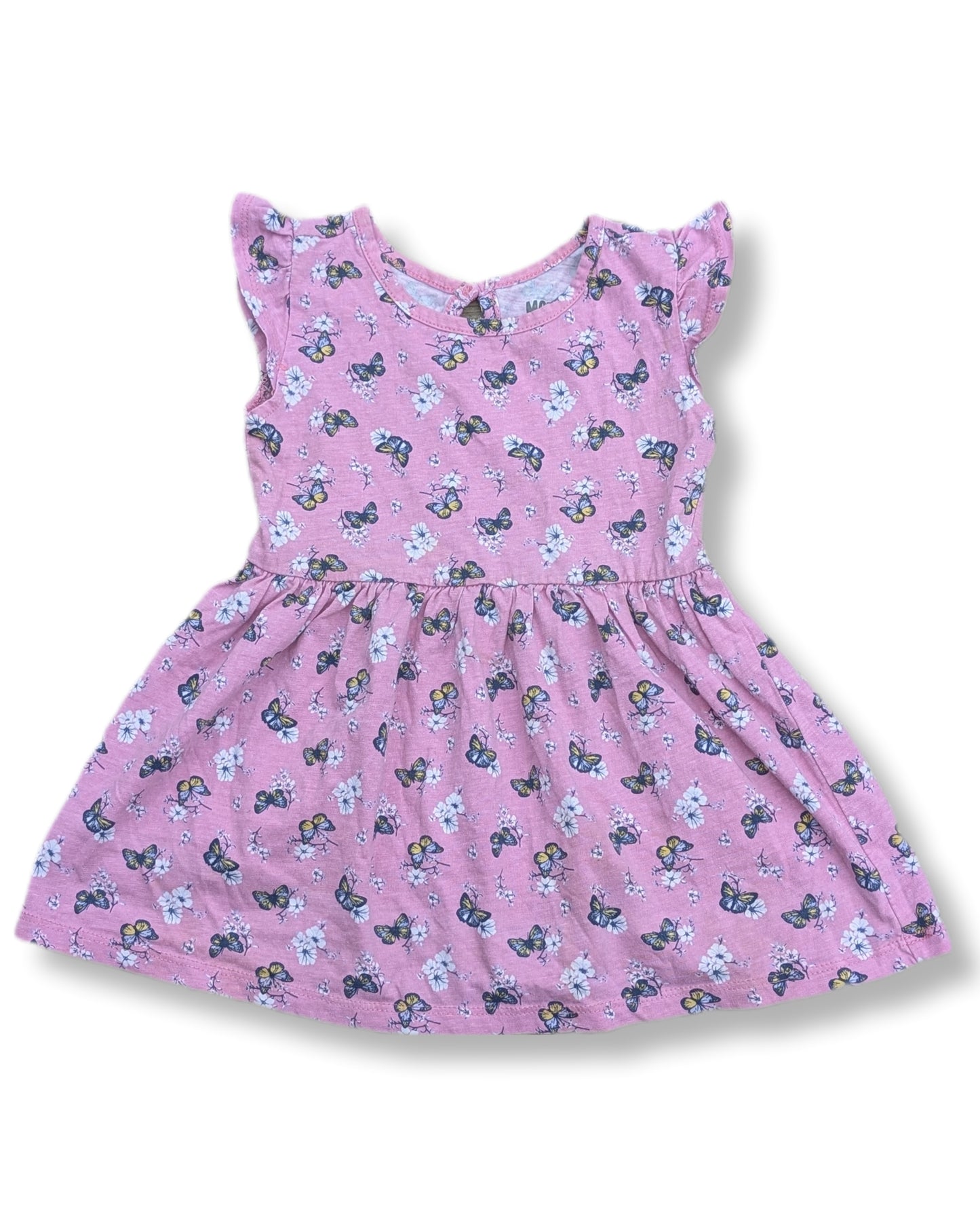 Robe légère en jersey rose avec imprimé papillons et manches courtes à volants | 24 mois
