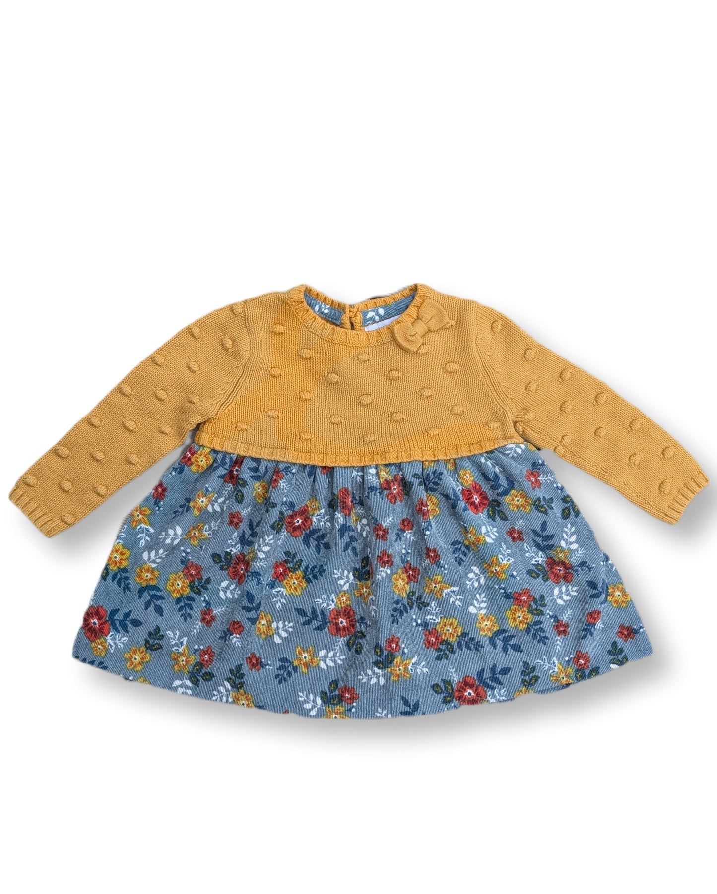Robe avec haut en tricot jaune moutarde & jupe imprimée florale | 3-6 mois