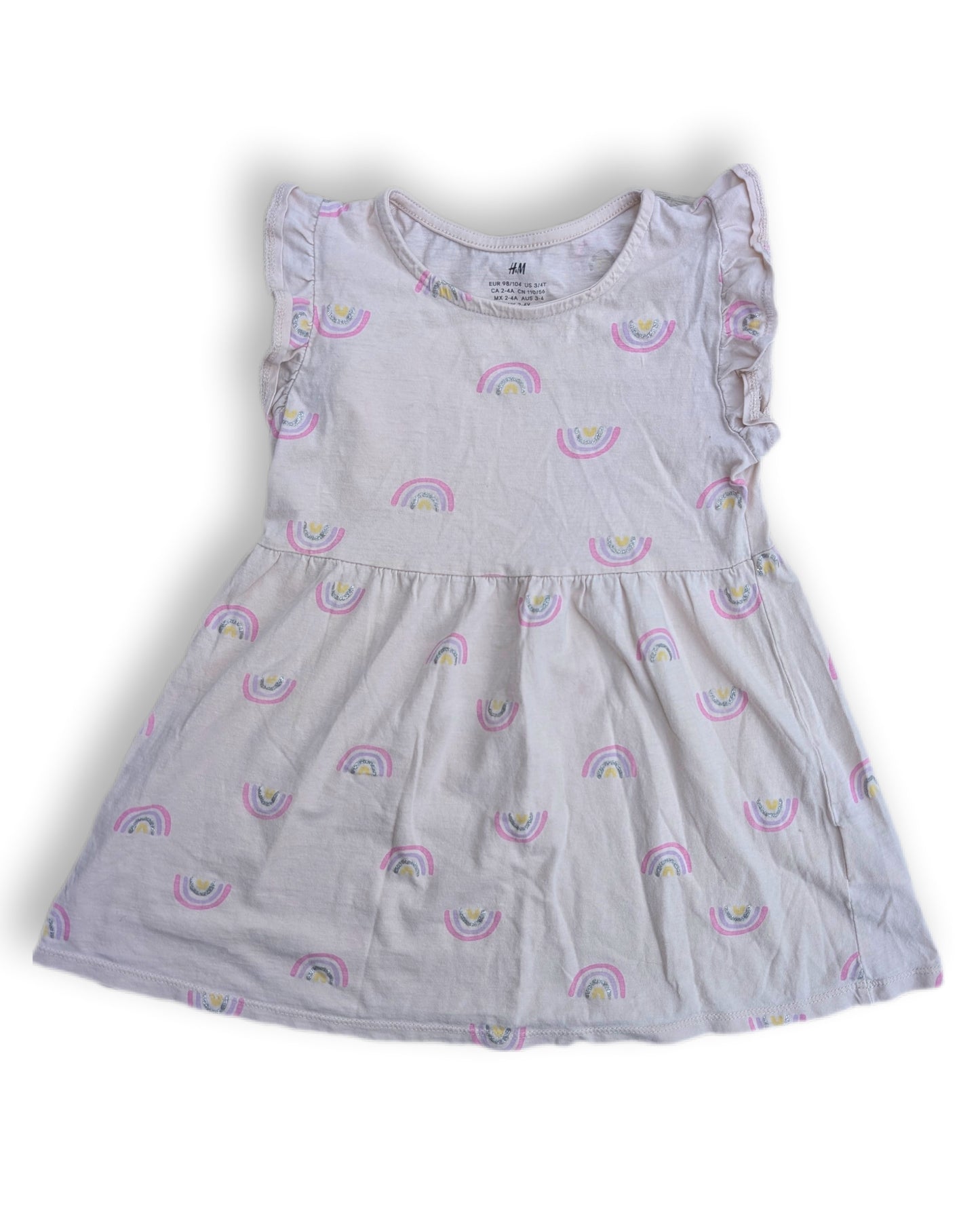 Robe pâle avec imprimé arcs-en-ciel et manches courtes à volants | H&M | 2-4 ans