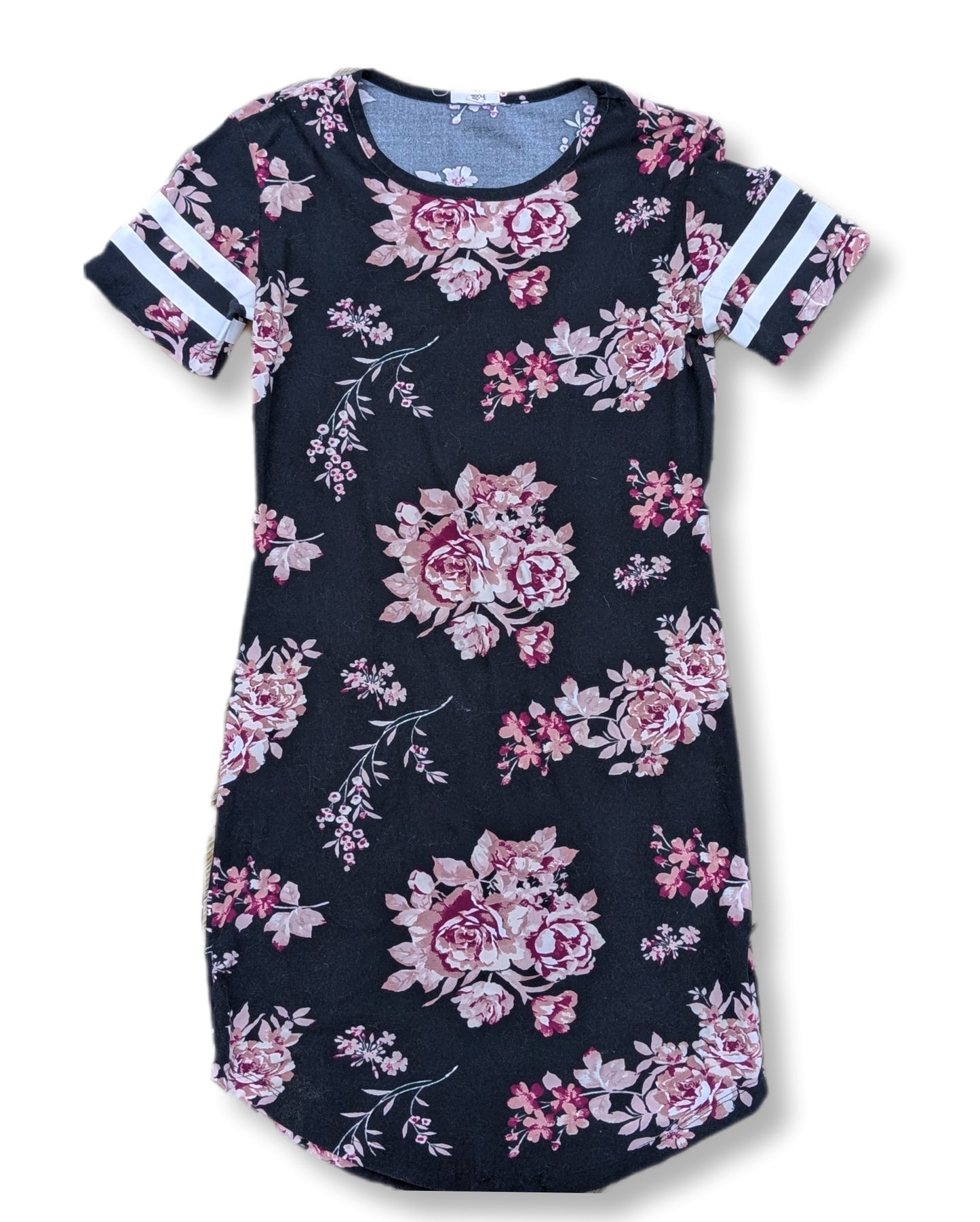 Robe t-shirt fleurie avec bandes blanches aux manches | S