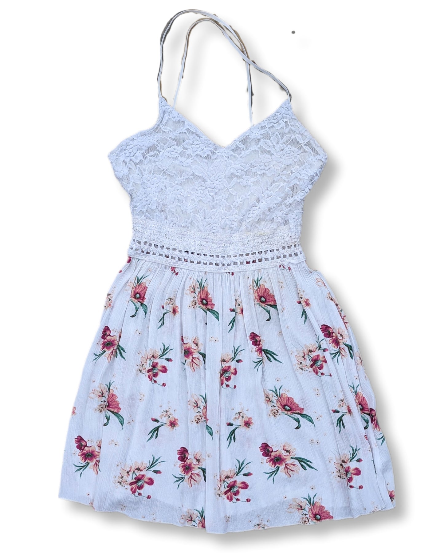 Robe courte à bustier en dentelle et jupe fleurie | L (fait S)