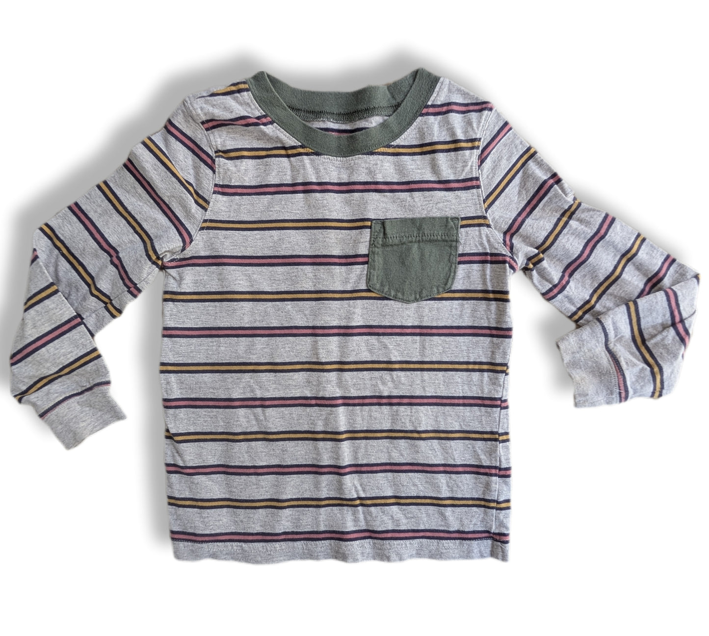 T-shirt à manches longues gris chiné avec motifs rayures colorées et poche | CARTER'S | 5 ans