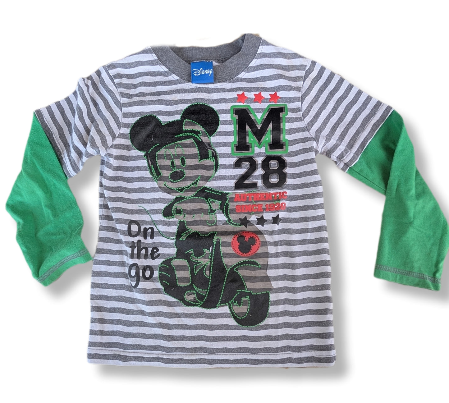 T-shirt à manches longues rayé gris, blanc et vert motifs Mickey Mouse | 4 ans