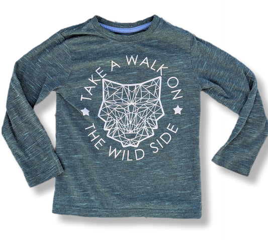 T-shirt manches longues vert chiné motifs loup géométrique | GEORGE | 6 ans