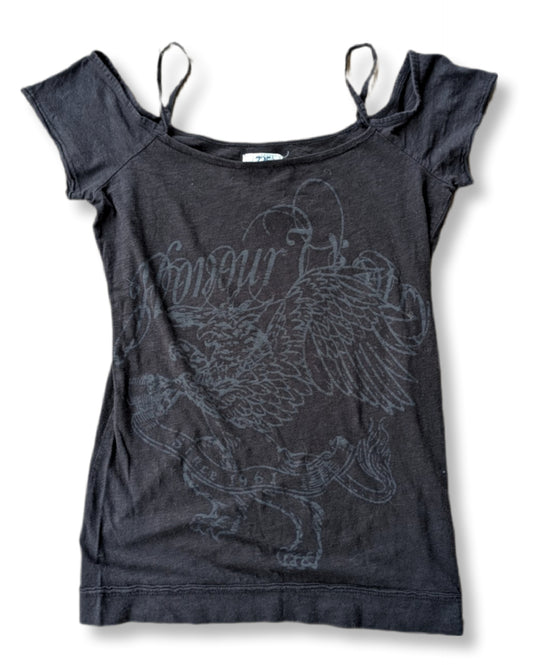 T-shirt noir imprimé d'aigle à épaules dénudées & bretelles fines visibles | MÉDIUM