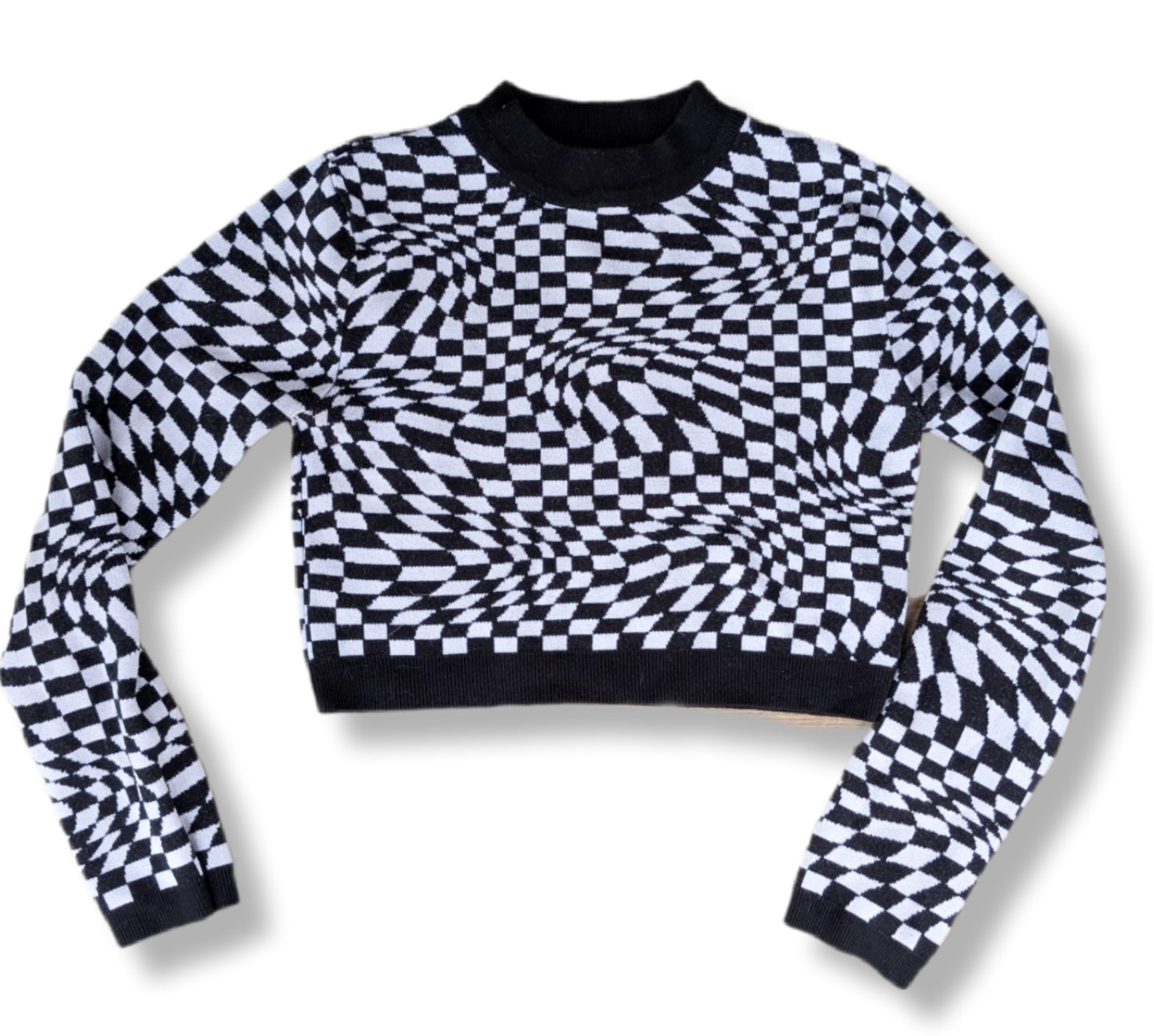 Chandail "crop top" à manches longues motif damiers psychédéliques | LE GARAGE | MÉDIUM