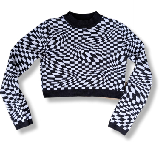 Chandail "crop top" à manches longues motif damiers psychédéliques | LE GARAGE | MÉDIUM