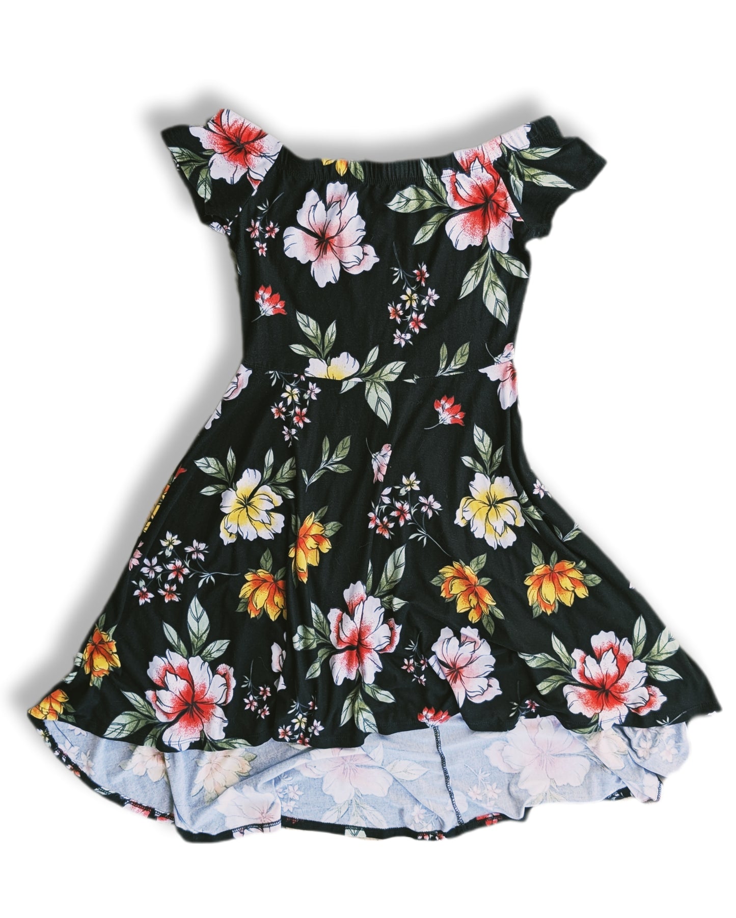 Robe florale aux épaules dénudées avec volants | XS