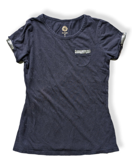 T-shirt avec poche poitrine et revers de manches à paillettes argentées | 8 ans