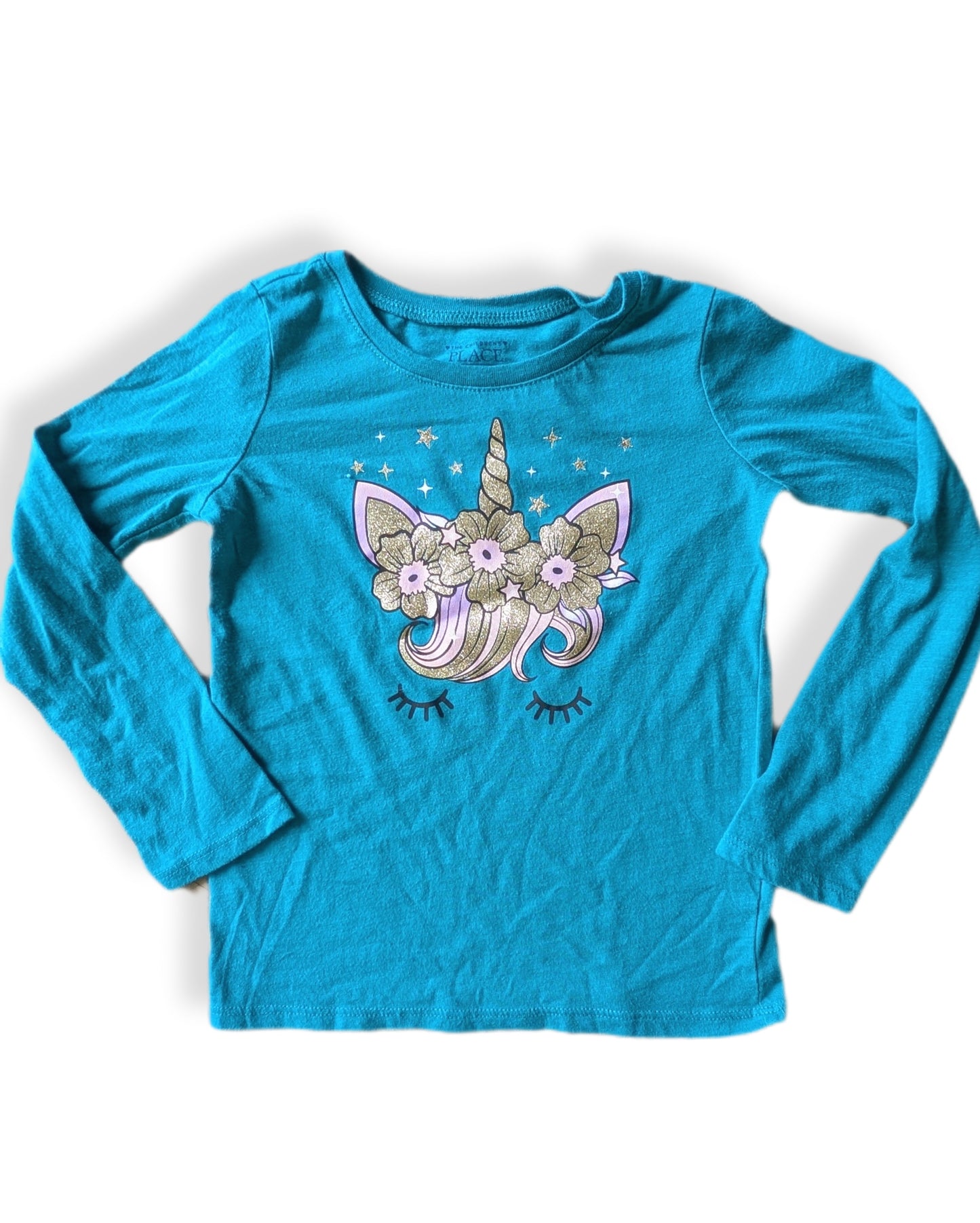 T-shirt à manches longues bleu-vert imprimé licorne dorée avec fleurs | THE CHILDREN'S PLACE | 5 ans