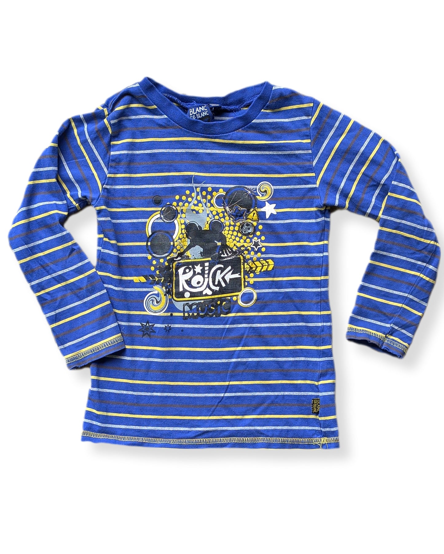 T-shirt à manches longues à rayures bleues, blanches & jaunes motif rock 'n' roll | 6 ans