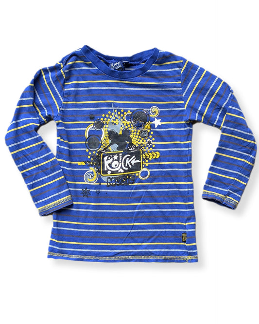 T-shirt à manches longues à rayures bleues, blanches & jaunes motif rock 'n' roll | 6 ans