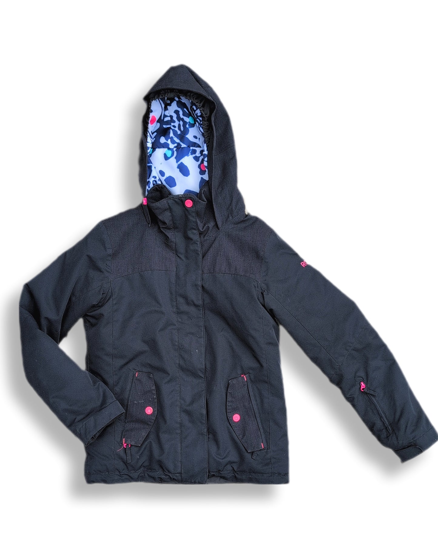 (Ado) Manteau d'hiver noir avec capuchon, poches à rabat & boutons rose éclatant | ROXY | 12 ans